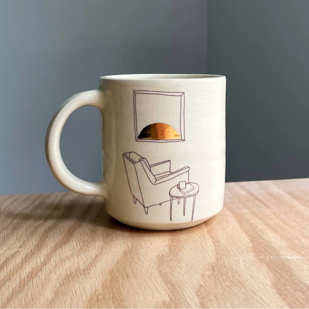 Cup Half Full Handmade Ceramics Mug Chair and Sunset